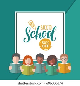 Vector Back To School Sale hand lettering in frame with illustration in flat style. Icons of students and pupils with books. Children education design concept.