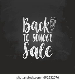 Vector  Back To School Sale handwritten illustration with pencil drawing on chalkboard. Children education background. Knowledge day discount poster.