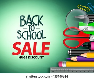 Vector back to school sale text in green background with colorful school items for school promotion. Vector illustration
