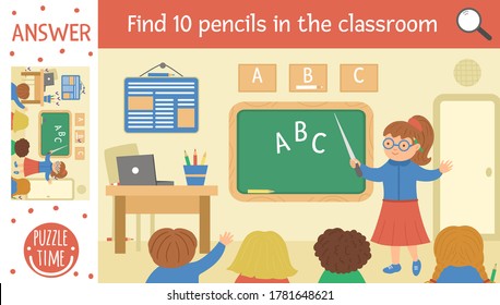 Vector back to school searching game with children and teacher in the classroom. Find hidden pencils in the class room. Simple fun educational autumn printable activity for kids
