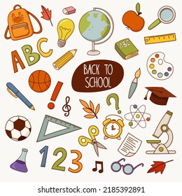 Vector back school set: ball, the globe, abc, paints, ruler, backpack, pencil, microscope, note, alarm, bulb, scissors. Doodle cartoon illustration