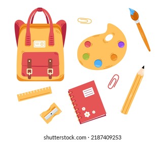 Vector back to school set. Cute collection of school supplies for children. Colorful flat design. Backpack, ruler, notebook, paints, pencil.