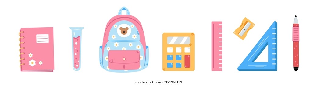 Vector de vuelta a la escuela. Colección de material escolar de color rosa fino para los niños. Diseño plano y colorido. Mochila, calculadora, pluma, regla, afilador, portátil y bañera de prueba.