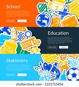 Vector back to school stationery web banner templates illustration. Education banner, back school, stationery tools and microscope