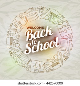 Vector Back to School text and school supply icons on wrinkled paper.