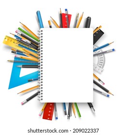 Vector back to school theme background: notebook, pens and pencils.