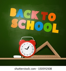 Vector Back to School Theme With Board, Ruler and Alarm Clock