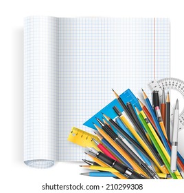 Vector back to school theme. Exercise book with math spread and twisted page, pens and pencils.