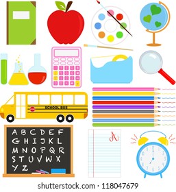 Vector of Back to School theme, notebook, apple, palette, globe, chalkboard, test result, school bus, stationery, etc. A set of cute and colorful icon collection isolated on white background