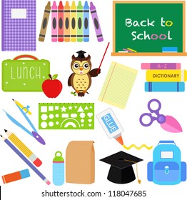 Vector of Back to School theme, notebook, crayons, chalkboard, lunchbox, stationery. A set of cute and colorful icon collection isolated on white background