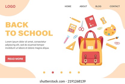 Vector back to school web page template. Web banner with backpack with school supplies. School supplies flying over the schoolbag. Back to school.