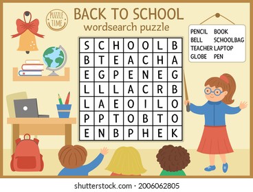 Vector Back To School Wordsearch Puzzle For Kids. Simple Autumn Ocrossword With Lesson Scene. Educational Keyword Activity With Teacher In The Classroom, Pupils And School Objects