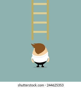 Vector of back view Chubby Businessman looking on ladder concept to be success, looking for opportunity 