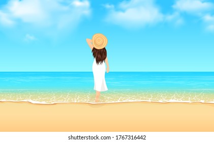 Vector back view portrait of a beautiful young woman wearing straw hat and standing in the seashore. Travel and vacation concept
