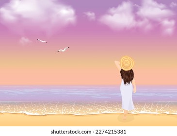 Vector back view portrait of a beautiful young woman wearing straw hat and standing at the seashore. Travel and vacation concept, golden hour