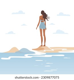 Vector back view portrait of a beautiful young woman standing in the seashore. Travel and vacation concept