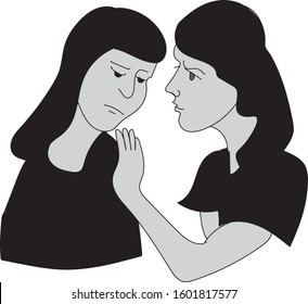 Vector back and white illustration of mother comforting daughter