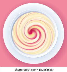 Vector backdrop of appetizing dairy cream with raspberry and strawberry fruit jam in a white bowl on pink tablecloth