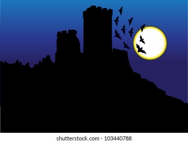 vector backdrop with castle silhouette on the top of the hill in moonlight and full moon with flying bats