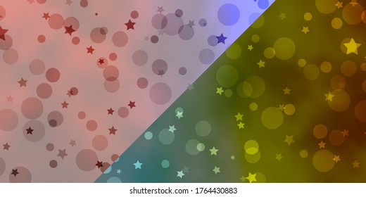 Vector backdrop with circles, stars. Colorful disks, stars on simple gradient background. Pattern for design of fabric, wallpapers.