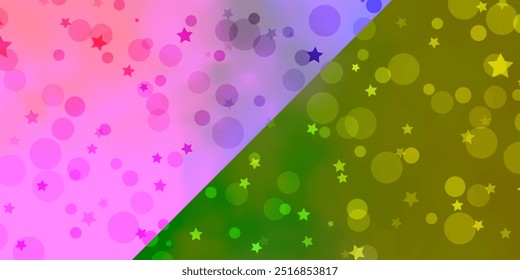 Vector backdrop with circles, stars. Glitter abstract illustration with colorful drops, stars. Design for wallpaper, fabric makers.