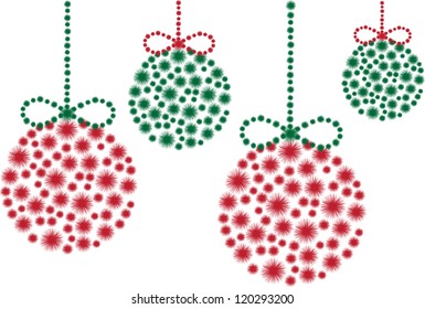 vector backdrop design with christmas motive,decoration balls with ribbons made of colorful stars isolated on white background