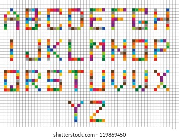 vector backdrop design with colorful alphabet letters made of gradient squares isolated on grid paper