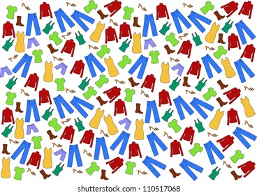 vector backdrop design with colorful pieces of clothes isolated on white background
