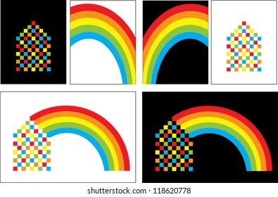 vector backdrop design with house icons and rainbow isolated or black and white background