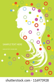 vector backdrop design with nymph portrait and colorful bubbles isolated on green background