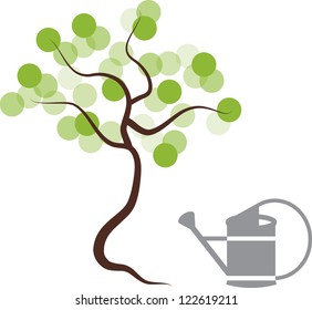 vector backdrop design with spring tree and watering can isolated on white background