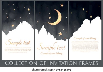 Vector Backdrop Frames With Black Watercolor Imitation Sky And Moon And Stars, Gold Palette