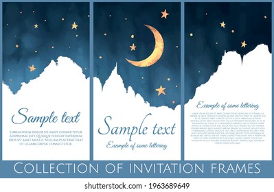 vector backdrop frames with night in watercolor imitation and gold texture on moon and stars, bright blue and gold