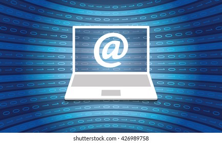 Vector backdrop with laptop, email icon and binary code
