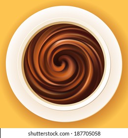 Vector backdrop of mixed dark orange cream in white ceramic mug on a yellow tablecloth. Top view