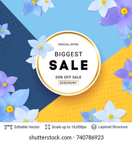 Vector backdrop template for Spring Sale design. Flower blossoms on simple flat background. Text label easy to edit.