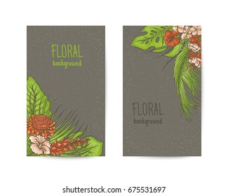 Vector backdrop of tropical plants and flower buds. Textured background design for invitation and advertising seasonal summer sales. The composition of the colored sketch drawings of exotic leaves.