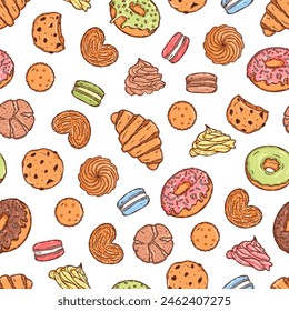 Vector backery and confectionery seamless pattern template. Hand drawn donuts, cupcakes, macarons, croissant cookies and other sweets