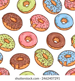 Vector backery and confectionery seamless pattern template. Hand drawn donut with icing and sprinkles