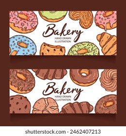 Vector backery and confectionery template. Hand drawn donuts, cupcakes, macarons, croissant cookies and other sweets