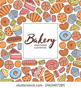 Vector backery and confectionery template. Hand drawn donuts, cupcakes, macarons, croissant cookies and other sweets