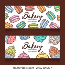 Vector backery and confectionery template. Hand drawn cupcakes, macarons, cookies and other sweets