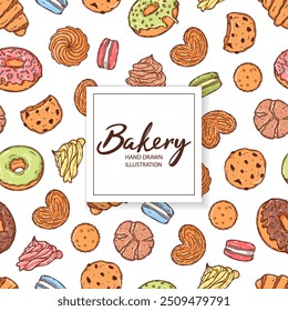 Vector de Plantilla de panadería y confitería. Donuts dibujados a mano, cupcakes, macarrones, galletas cruasán y otros dulces