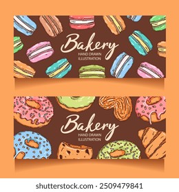 Vector backery and confectionery template. Hand drawn donuts, cupcakes, macarons, cookies and other sweets