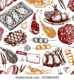 Vector backgorund with hand drawn food illustrations. Restaurant menu design. Meat products collection. Vintage seamless pattern. 