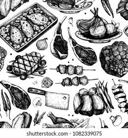 Vector backgorund with hand drawn food illustrations. Restaurant menu design. Meat products collection. Vintage seamless pattern. 