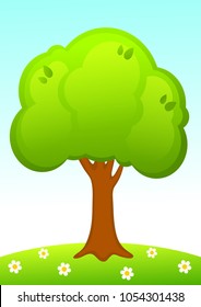 Vector backgound for kids. Big tree on a green hill with daisies 