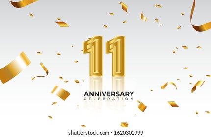 Vector background 11th Anniversary celebration by using two colors in the design between gold and white, Golden number 11 with sparkling confetti Realistic 3d sign. Birthday or wedding party