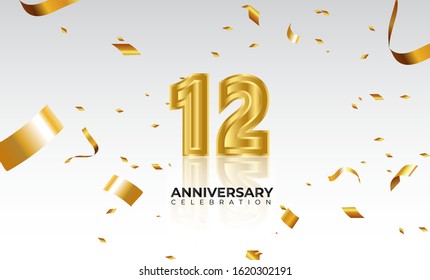 Vector background 12th Anniversary celebration by using two colors in the design between gold and white, Golden number 12 with sparkling confetti Realistic 3d sign. Birthday or wedding party