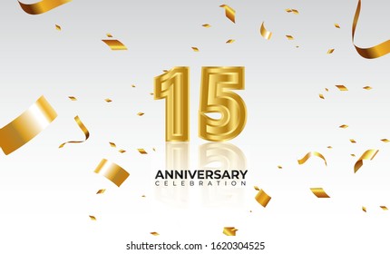 Vector background 15th Anniversary celebration by using two colors in the design between gold and white, Golden number 15 with sparkling confetti Realistic 3d sign. Birthday or wedding party